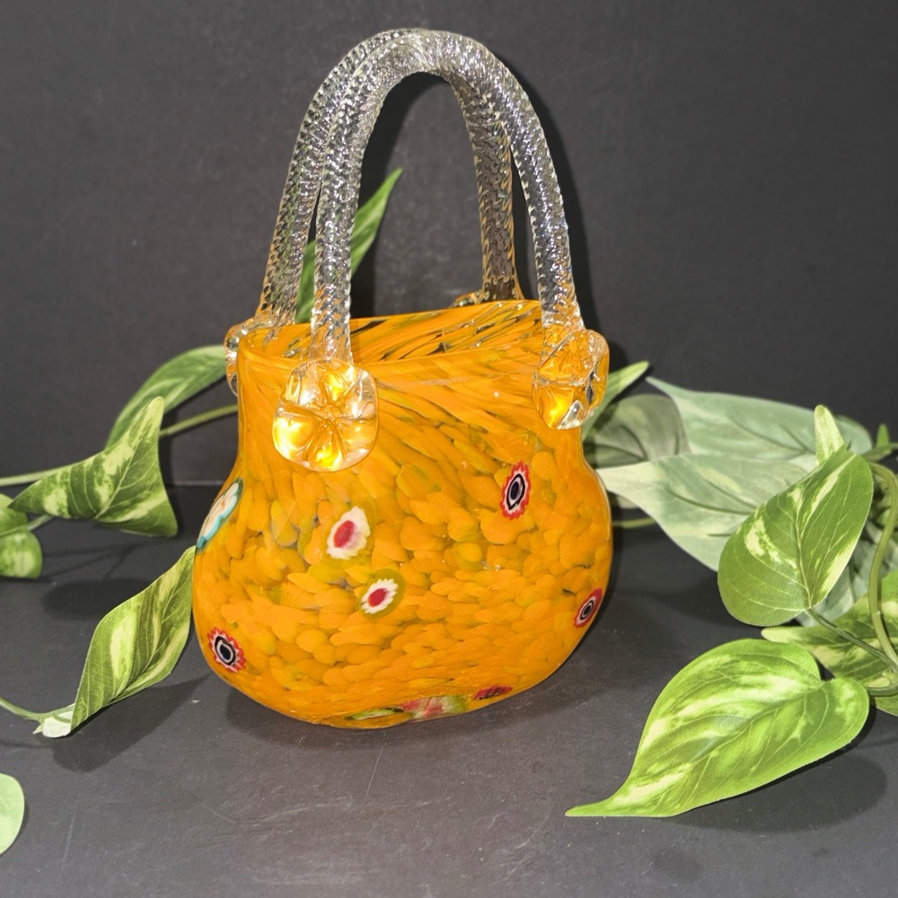 Vtg Murano Style Millefiori Art Glass Purse Vase Yellow Orange Hand Blown